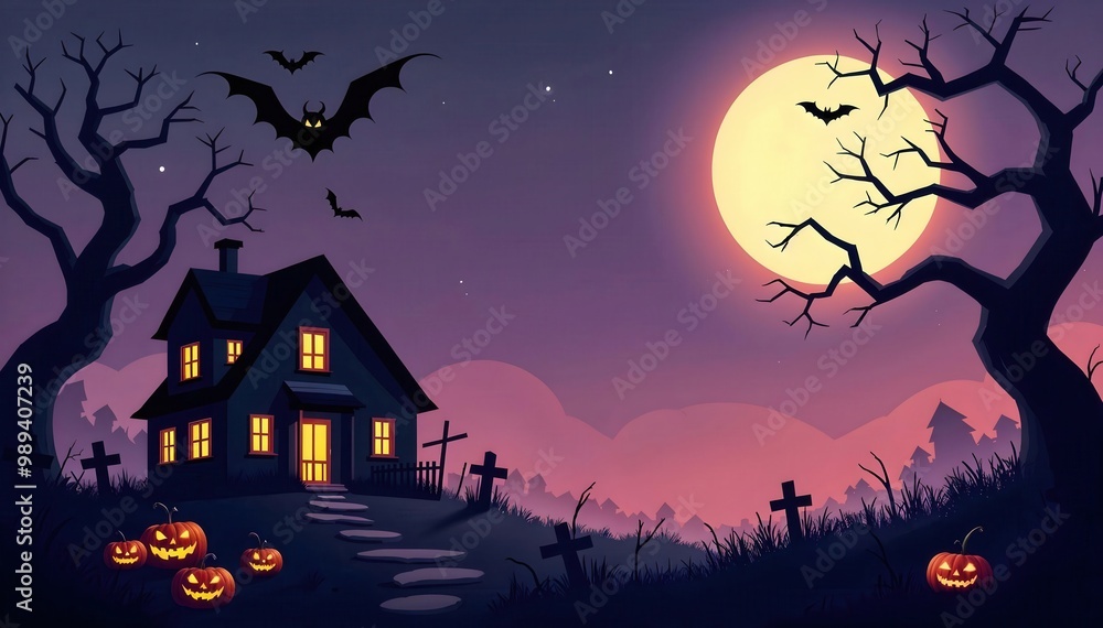Spooky Halloween night with haunted house, jack-o'-lanterns, bats, and full moon in eerie graveyard scene. Spooky Halloween night with haunted house, jack-o'-lanterns, bats, and full moon in eerie graveyard scene.