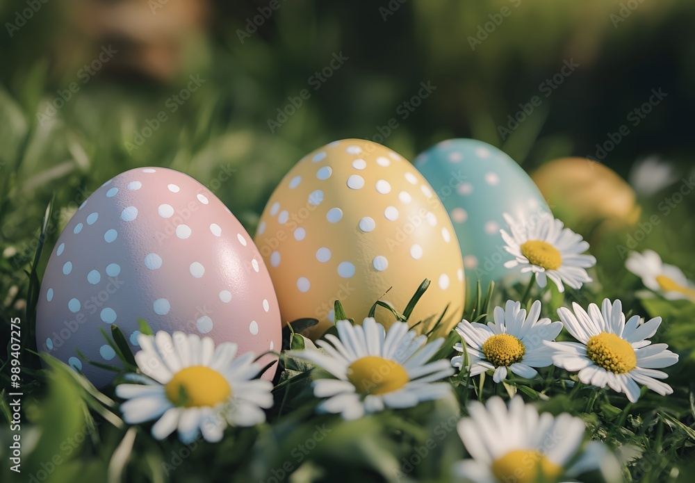 Pastel Easter Eggs with Daisies in Grass Pastel Easter Eggs with Daisies in Grass