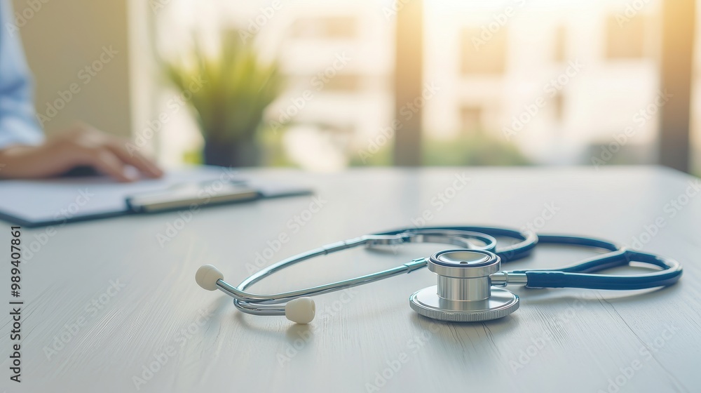 Stethoscope on a desk, medical equipment for healthcare professionals, white isolate background. Stethoscope on a desk, medical equipment for healthcare professionals, white isolate background.