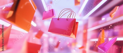 Vibrant pink shopping bags in a dynamic, colorful environment, representing the excitement of shopping and consumerism. photo