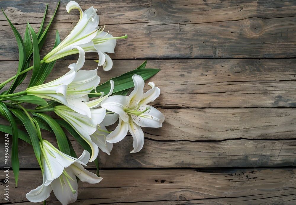 White Easter Lilies on Rustic Wooden Background White Easter Lilies on Rustic Wooden Background