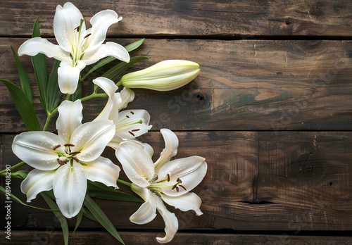 White Easter Lilies on Rustic Wooden Background