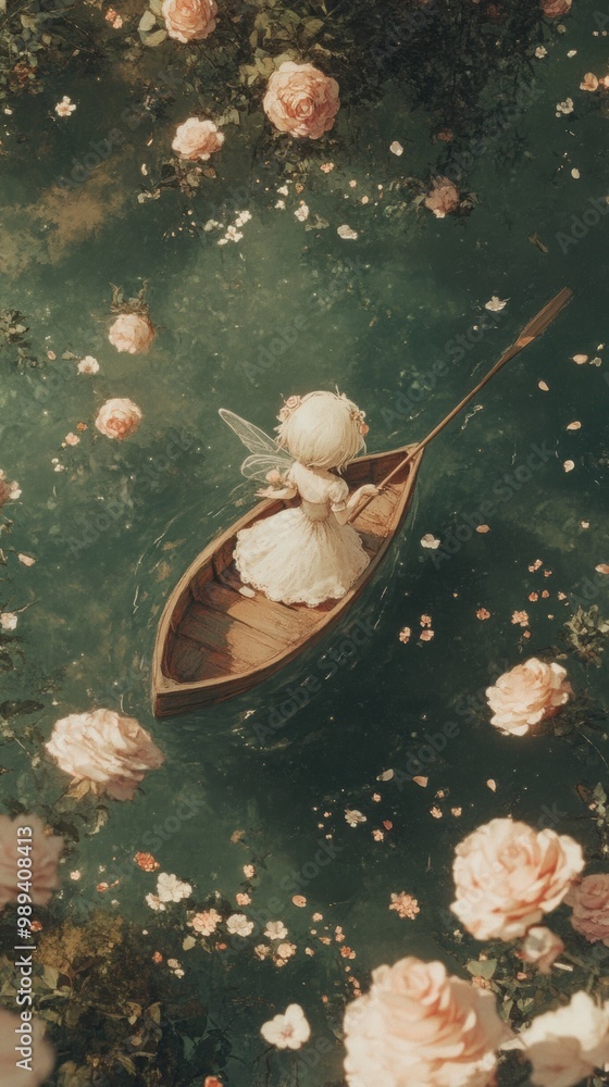 A teddy bear sitting in a small boat surrounded by flowers A teddy bear sitting in a small boat surrounded by flowers