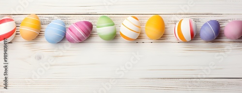 Colorful Easter Eggs Border White Wooden Background