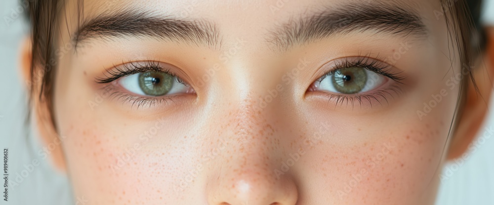 Fototapeta premium 新鮮な春の美しさのポートレート：そばかすのある若々しい顔のクローズアップ（印刷物やポスター用）