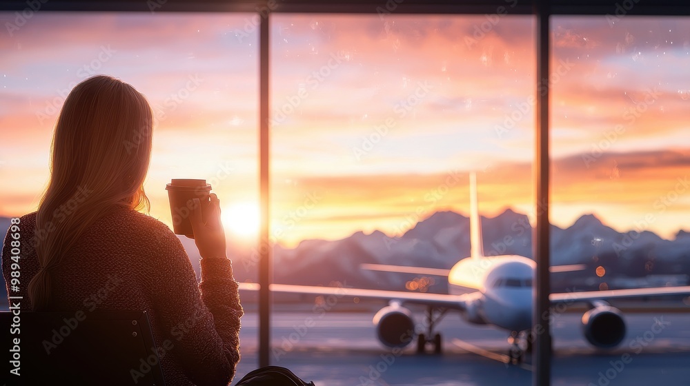 Traveler enjoying a warm drink while watching the sunset and airplane at the airport. Traveler enjoying a warm drink while watching the sunset and airplane at the airport.