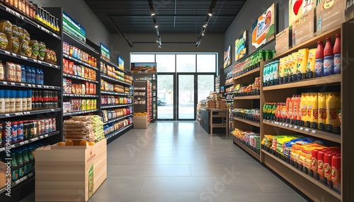 A modern grocery store interior with neatly arranged shelves filled with various products and a welcoming atmosphere.