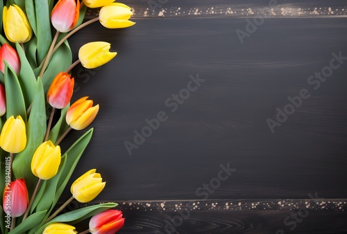 Easter Floral Background with Tulips and Blackboard