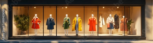 Vibrant fashion display featuring colorful clothing in a modern storefront, showcasing the latest trends for stylish shoppers.