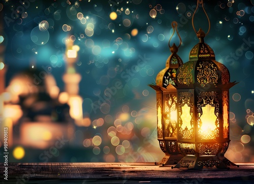 Eid Mubarak Lantern And Mosque Background photo