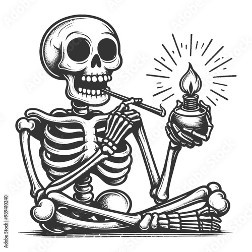 skeleton smoking a cigar or cigarette with a lighter in hand, exuding dark elegance and classic charm sketch engraving generative ai vector illustration. Scratch board imitation. Black and white image