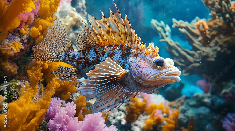 Graceful Venom: Detailed Shot of a Poisonous Fish Among Vibrant Coral Reefs in the Ocean Graceful Venom: Detailed Shot of a Poisonous Fish Among Vibrant Coral Reefs in the Ocean