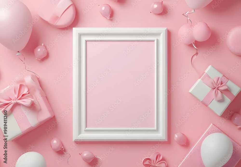Pink Birthday Party Frame Mockup with Gifts and Balloons Pink Birthday Party Frame Mockup with Gifts and Balloons