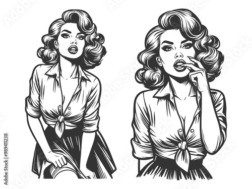 pin-up girl in two classic poses, retro fashion and seductive charm sketch engraving generative ai fictional character vector illustration. Scratch board imitation. Black and white image.