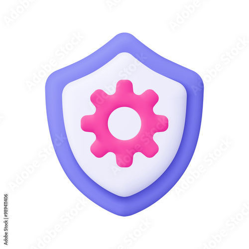 Shield with gear, cogwheel inside. Security, protection, setting, maintenance, repair and fixing concept. 3d vector icon. Cartoon minimal style.