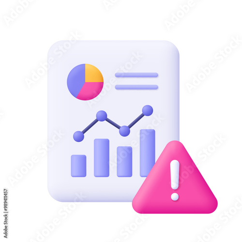 Document with chart graph, diagram and warning symbol, triangle with exclamation point. Data report, analysis and analytics, financial and business risk concept. 3d vector icon. Cartoon minimal style.