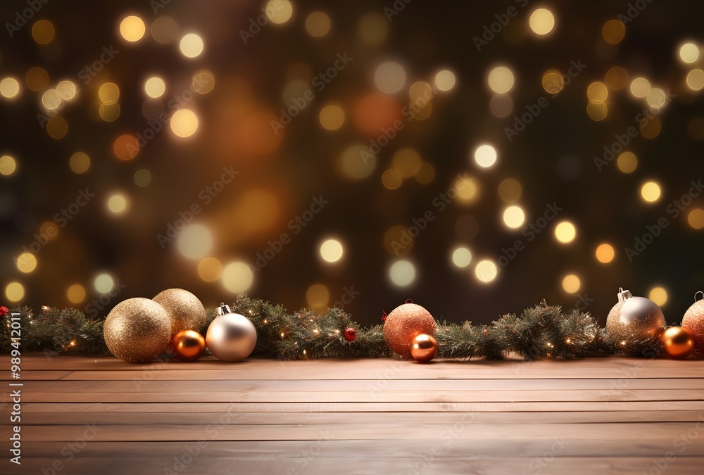 Fototapeta premium Christmas Tabletop With Lights And Ornaments