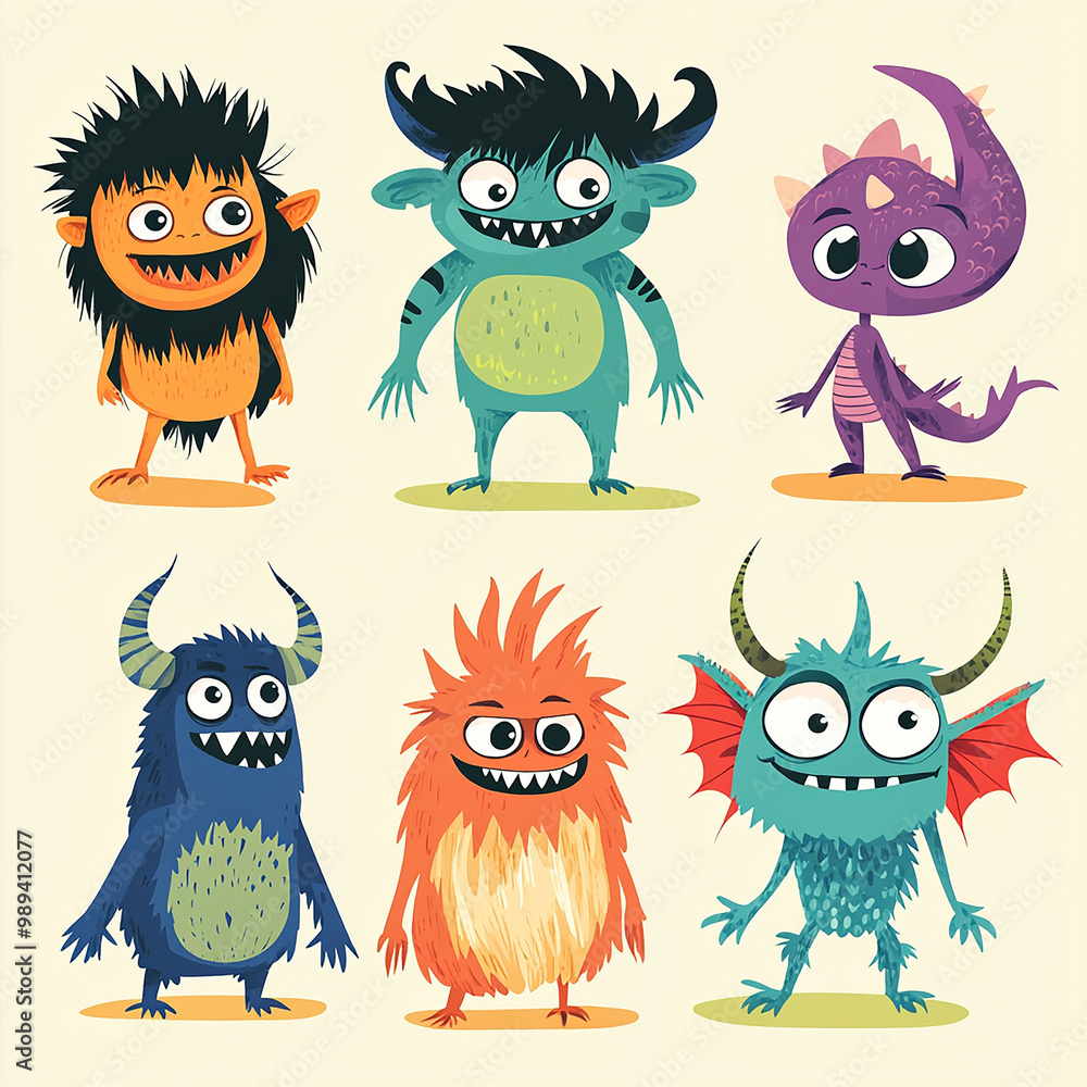 Set of cute monsters. Flat illustration in cartoon style. Isolated on white background. Set of cute monsters. Flat illustration in cartoon style. Isolated on white background.
