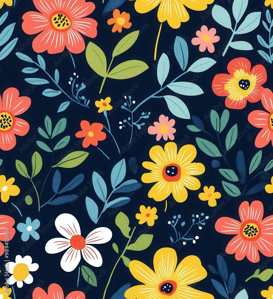 playful pattern of colorful flowers and leaves on a navy blue background playful pattern of colorful flowers and leaves on a navy blue background