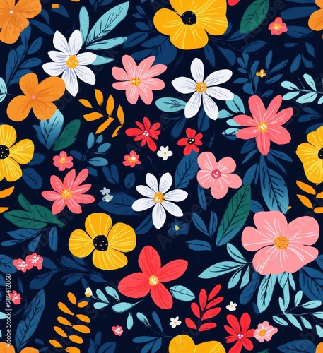 playful pattern of colorful flowers and leaves on a navy blue background