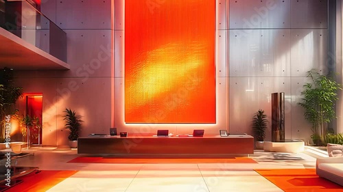  Modern office reception area with a bold orange wall, stylish design, contemporary furniture, and natural lighting for a welcoming ambiance.