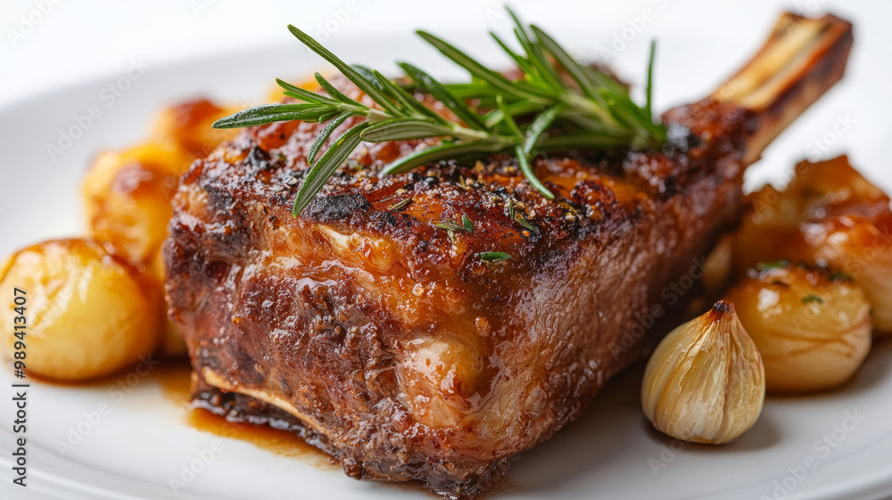 Grilled pork chop with garlic, onions, and rosemary on a plate. Grilled pork chop with garlic, onions, and rosemary on a plate.