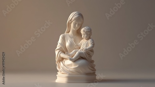 Serene 3D Mother and Child Statue Illuminated in Elegance against a Soft Background