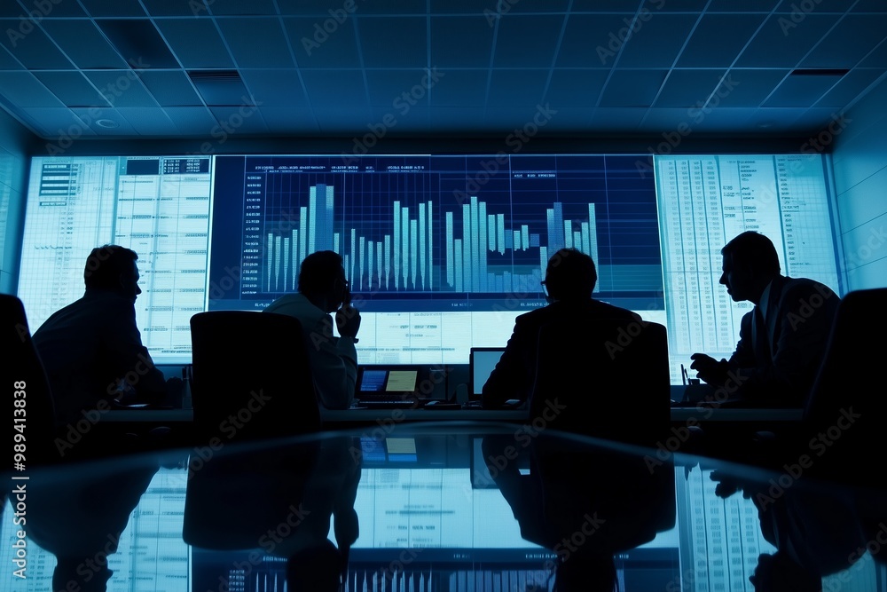 Professionals analyzing data trends during a conference in a modern control room on a clear day Professionals analyzing data trends during a conference in a modern control room on a clear day