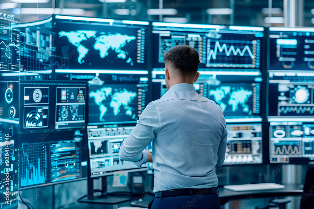 back view of Business male professional analyzing global data analytics on multiple monitors in a control room back view of Business male professional analyzing global data analytics on multiple monitors in a control room
