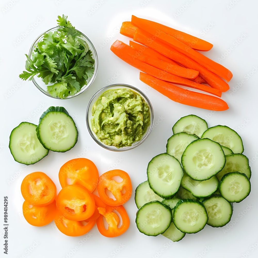 Fresh Vegetables and Dipping Sauce on White Background Fresh Vegetables and Dipping Sauce on White Background
