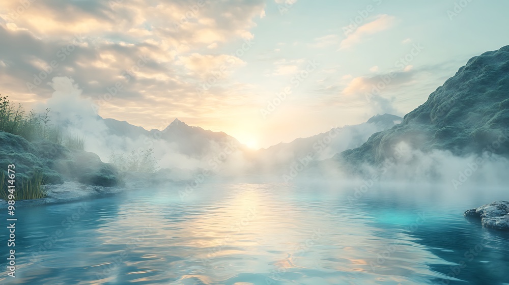 Naklejka premium Ethereal Hot Spring Dreamscape with Cloud-like Waters Merging Horizon