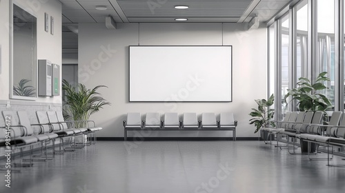Empty waiting room with blank screen and chairs