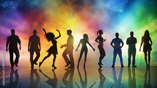 Silhouettes of people dancing against a vibrant, colorful abstract background