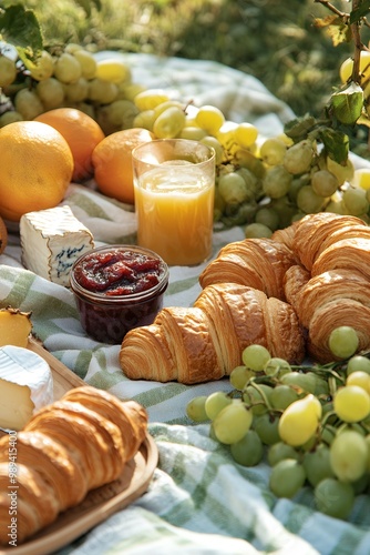 A picnic spread with croissants, fruit, and jam on a checkered blanket. photo