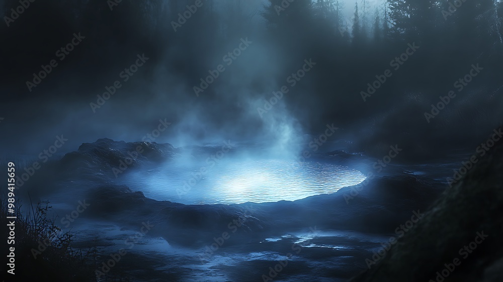 Ethereal Glow - Surreal Hot Spring Scene with Softly Illuminated Water and Mist Ethereal Glow - Surreal Hot Spring Scene with Softly Illuminated Water and Mist