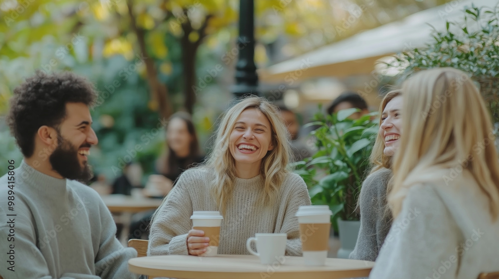 Joyful friends enjoying coffee outdoors in a lively urban café Joyful friends enjoying coffee outdoors in a lively urban café