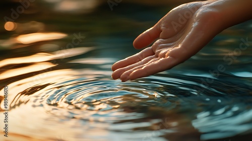 Serene Close-Up of Hand Touching Warm Water in Hot Spring, Creating Gentle Ripples