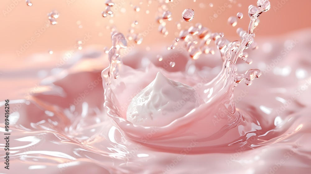 Whimsical splash of cream in soft pink liquid illustrating motion and texture. Whimsical splash of cream in soft pink liquid illustrating motion and texture.