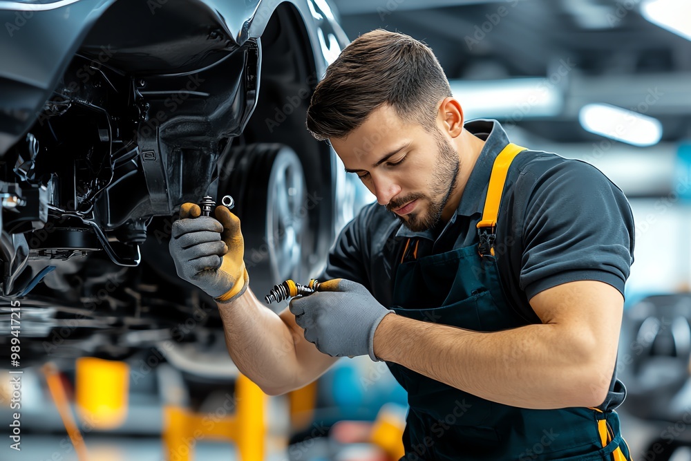 A mechanic tightening bolts on a suspension system, with a detailed view of the car’s undercarriage A mechanic tightening bolts on a suspension system, with a detailed view of the car’s undercarriage