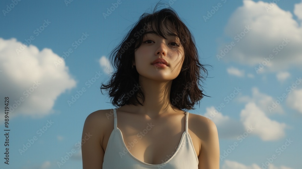 Naklejka premium 春の静けさ：広大な青空の下で静けさを満喫する女性