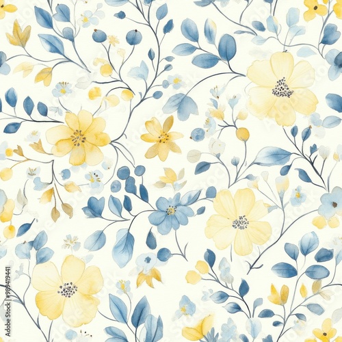 seamless pattern of watercolor wildflowers in yellow, blue, and white on a clean background