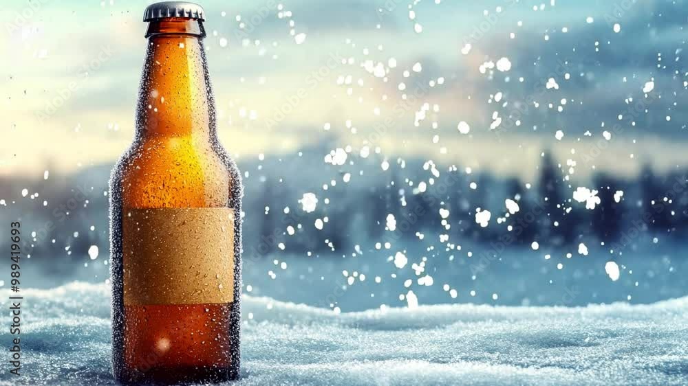 Snowy landscape featuring a cold beer bottle resting in fresh snow during a winter sunset Snowy landscape featuring a cold beer bottle resting in fresh snow during a winter sunset