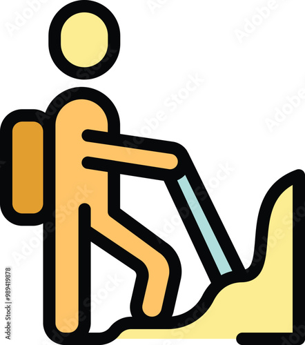 Backpacker hiking up mountain with walking pole, simple colored icon