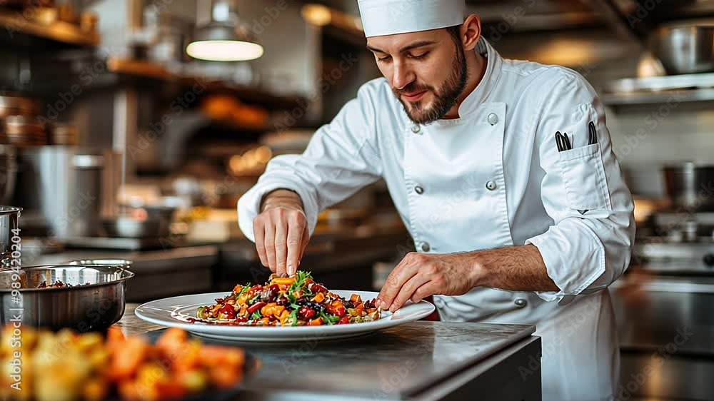A skilled chef carefully arranges a vibrant vegetable dish on a plate, showcasing culinary artistry in a bustling kitchen during the dinner rush. A skilled chef carefully arranges a vibrant vegetable dish on a plate, showcasing culinary artistry in a bustling kitchen during the dinner rush.