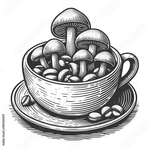 mushrooms growing out of a teacup or coffee cup, surreal elements with nature in a whimsical design sketch engraving generative ai vector illustration. Scratch board imitation. Black and white image.