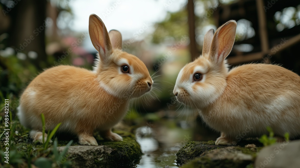 Fototapeta premium 伝統的な日本庭園のふわふわのウサギ - プリントやポスター用の春の静けさ