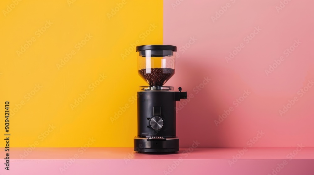 Black Coffee Grinder on Yellow and Pink Background Black Coffee Grinder on Yellow and Pink Background