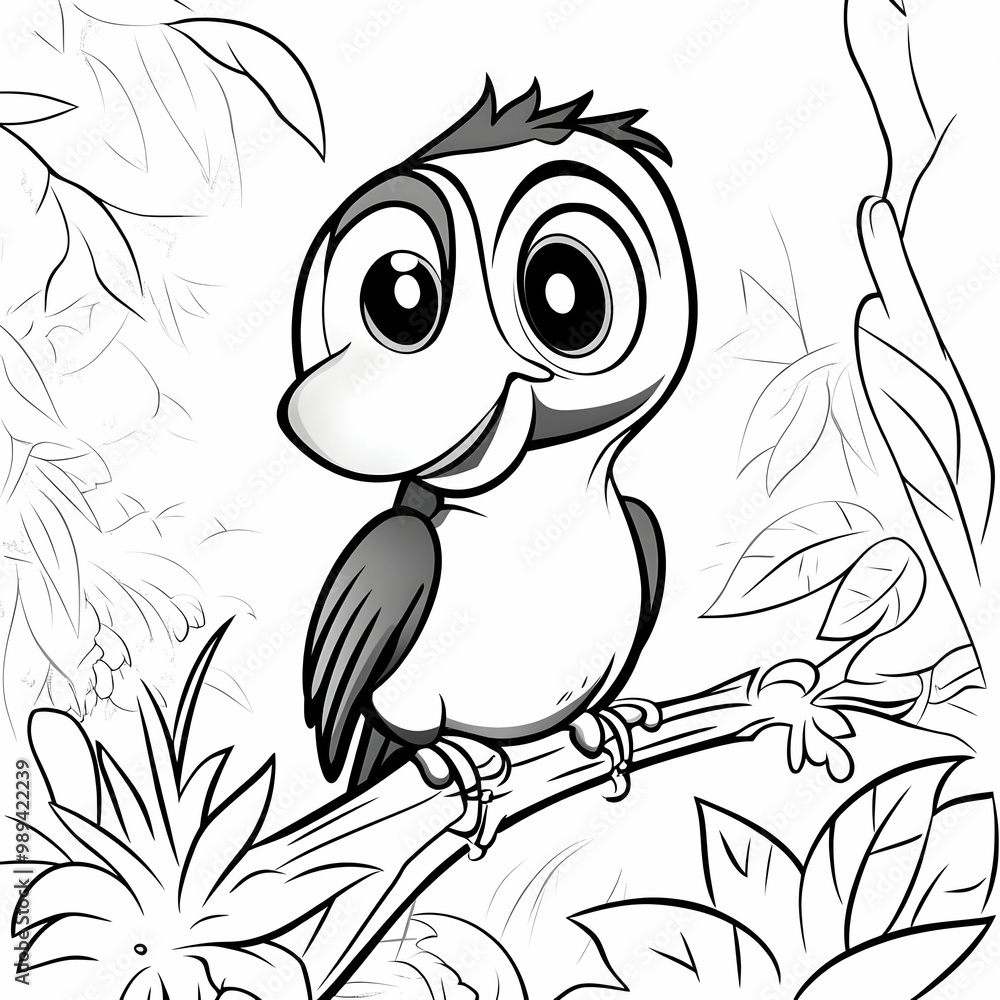 Obraz premium Cute Cartoon Bird Illustration on a Branch Coloring Page