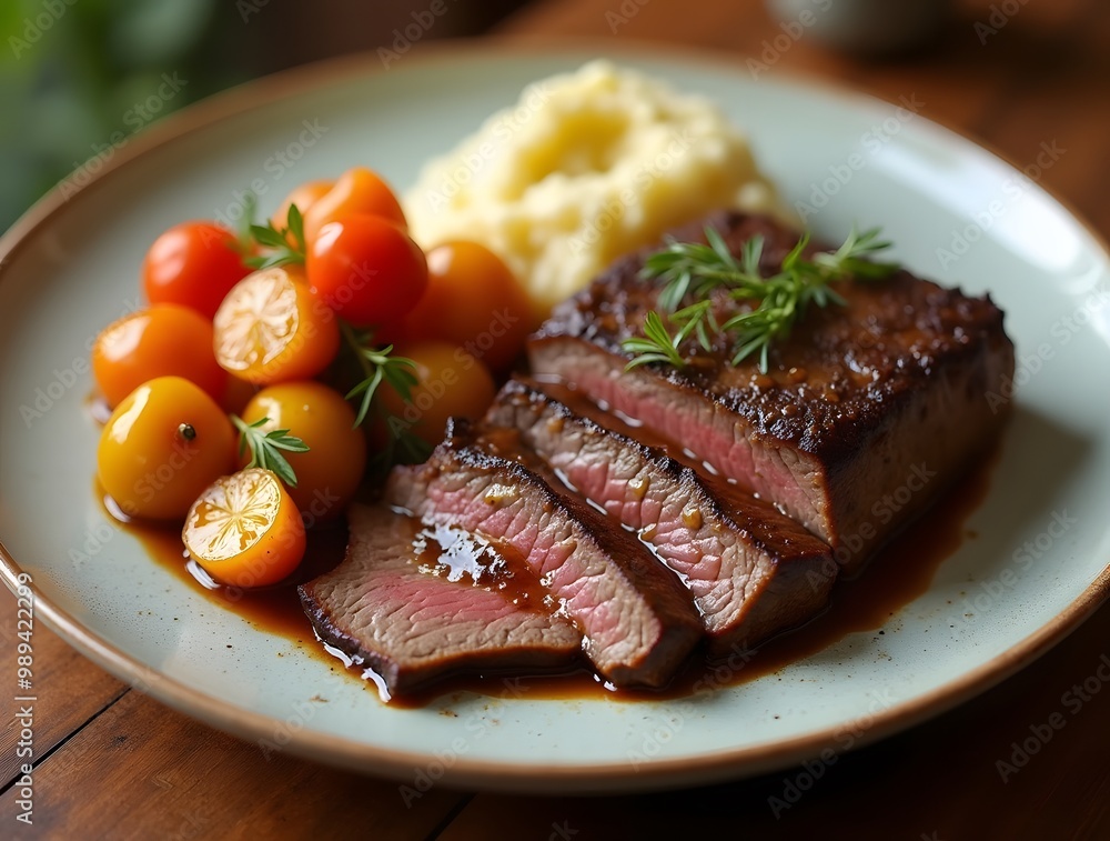 Pan-Seared Steak with Roasted Cherry Tomatoes & Mashed Potatoes Pan-Seared Steak with Roasted Cherry Tomatoes & Mashed Potatoes