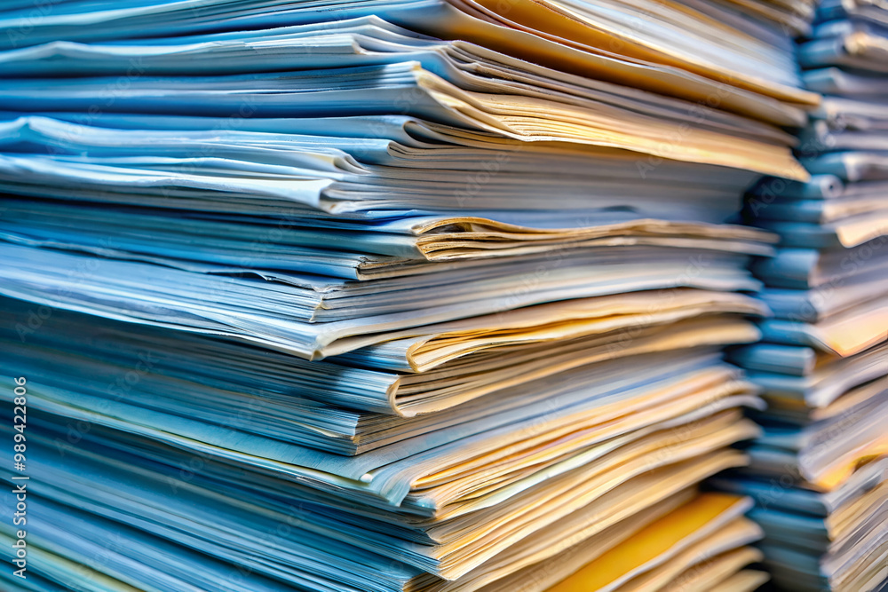 A stack of papers with blue and yellow pages. The stack is piled high and he is disorganized A stack of papers with blue and yellow pages. The stack is piled high and he is disorganized